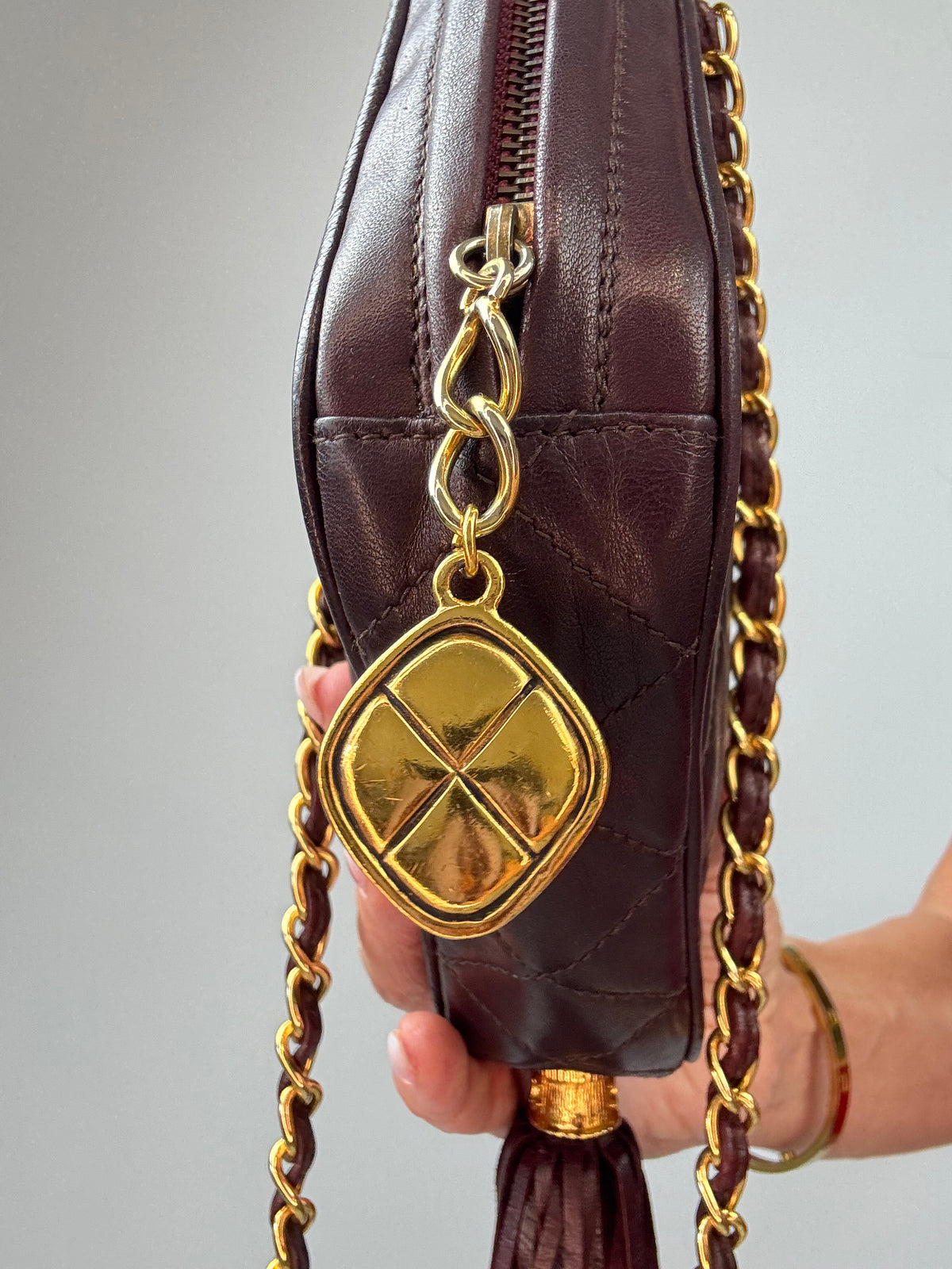 Chanel Vintage Burgundy Diamond Quilted Tassel Camera Bag