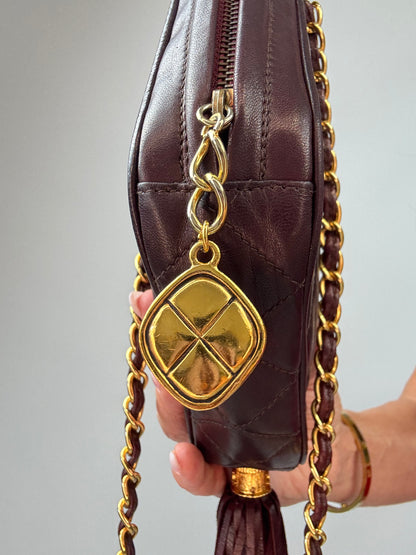 Chanel Vintage Burgundy Diamond Quilted Tassel Camera Bag