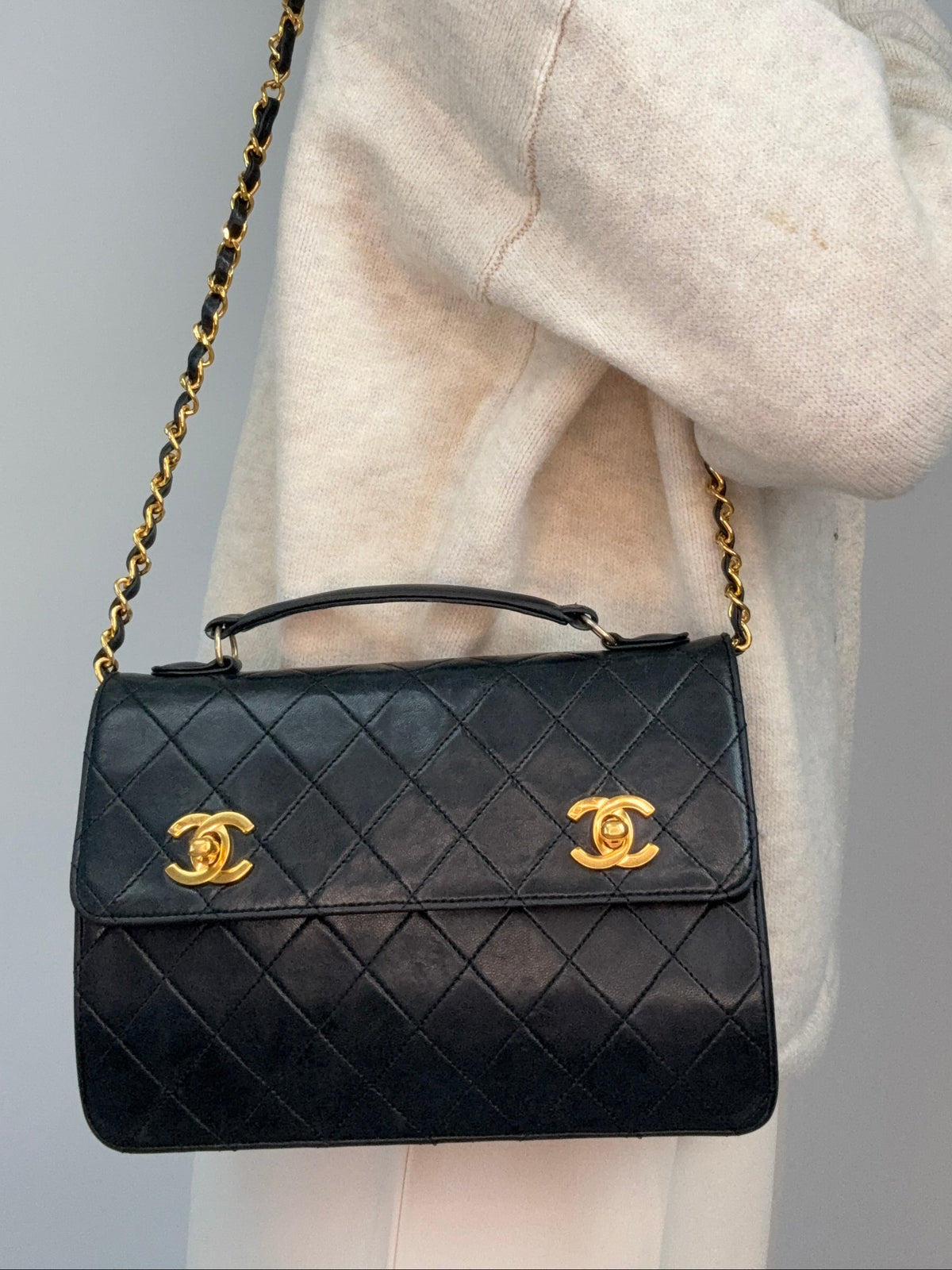 Chanel Vintage Black Quilted Leather Double CC Turn Lock Briefcase Bag