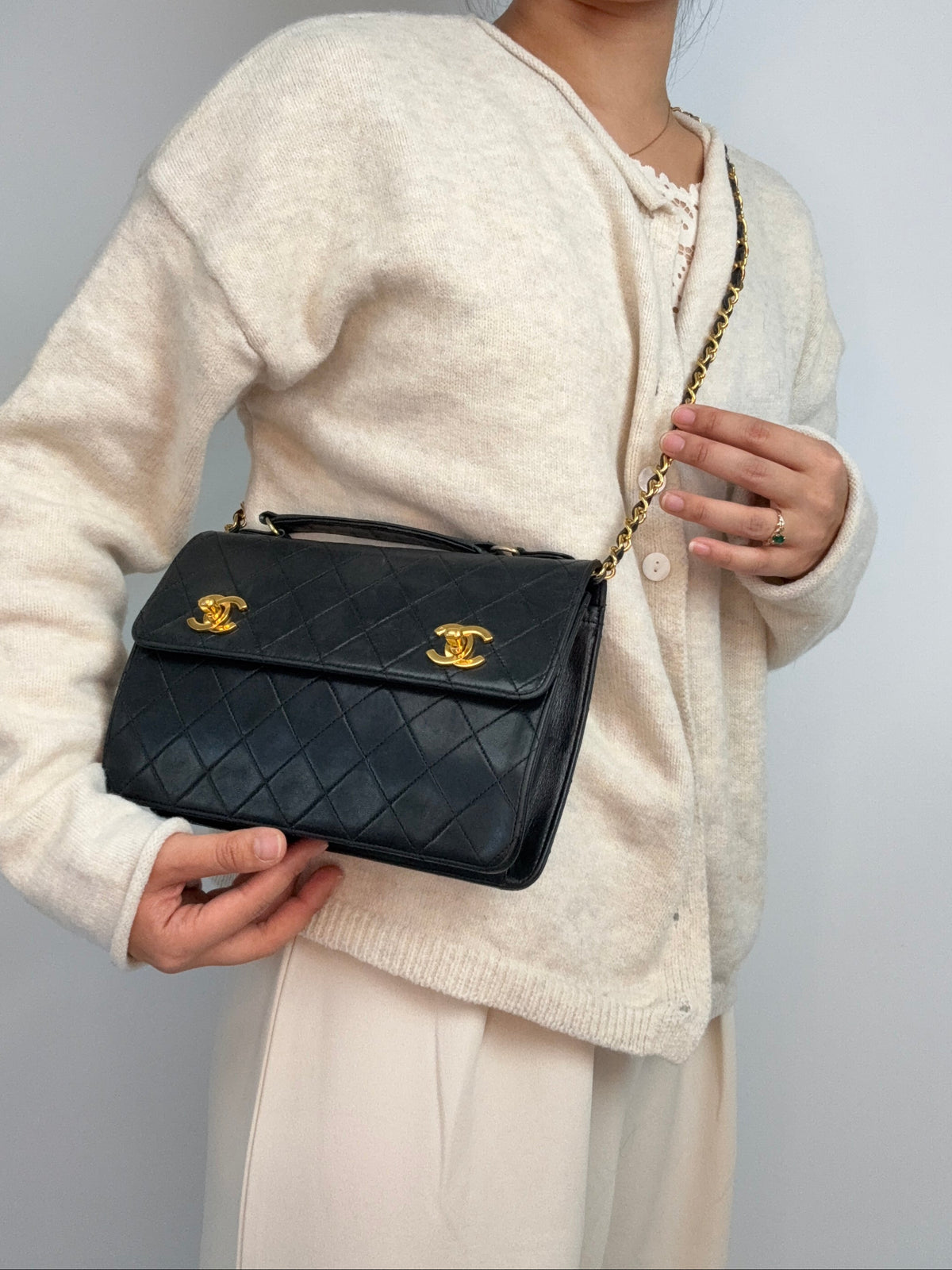 Chanel Vintage Black Quilted Leather Double CC Turn Lock Briefcase Bag