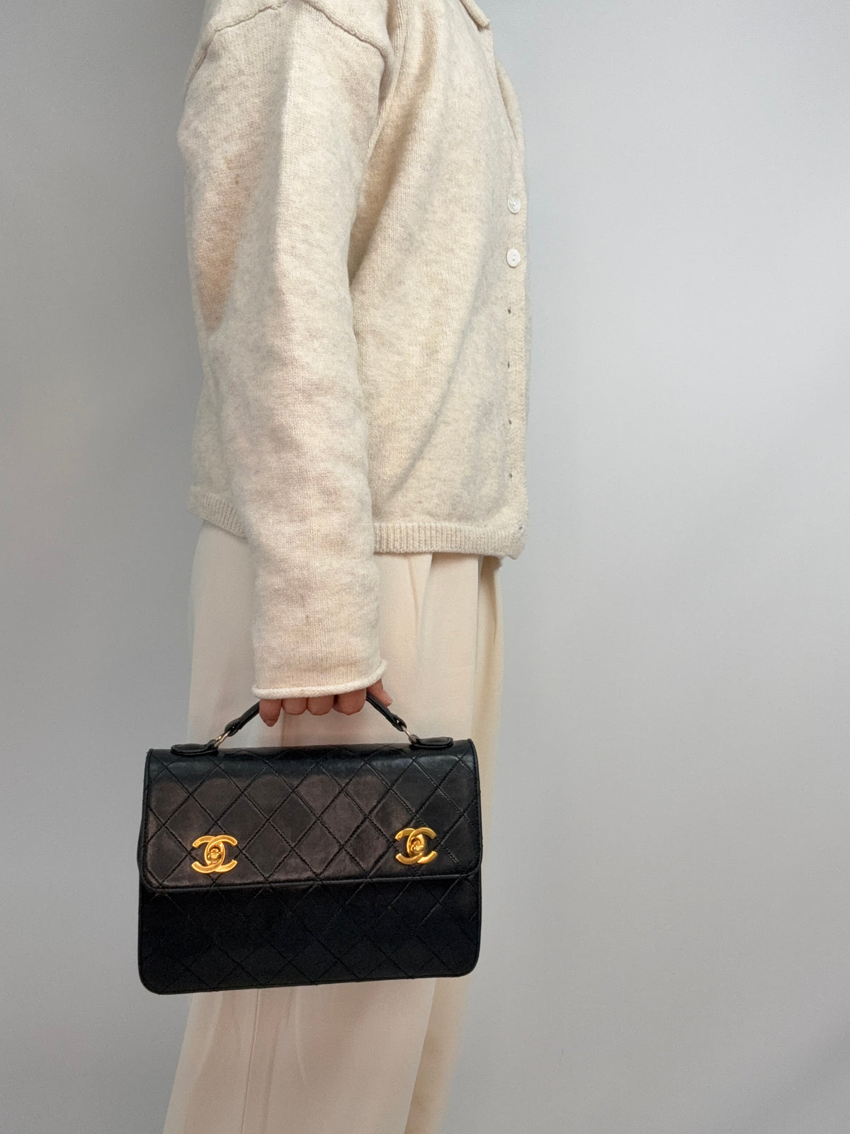 Chanel Vintage Black Quilted Leather Double CC Turn Lock Briefcase Bag