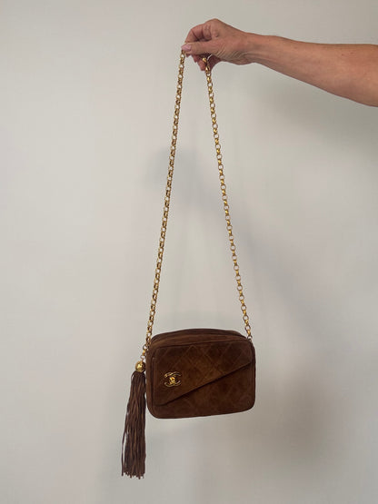 Chanel Quilted Suede Bijoux Chain Camera Tassel Bag - Brown