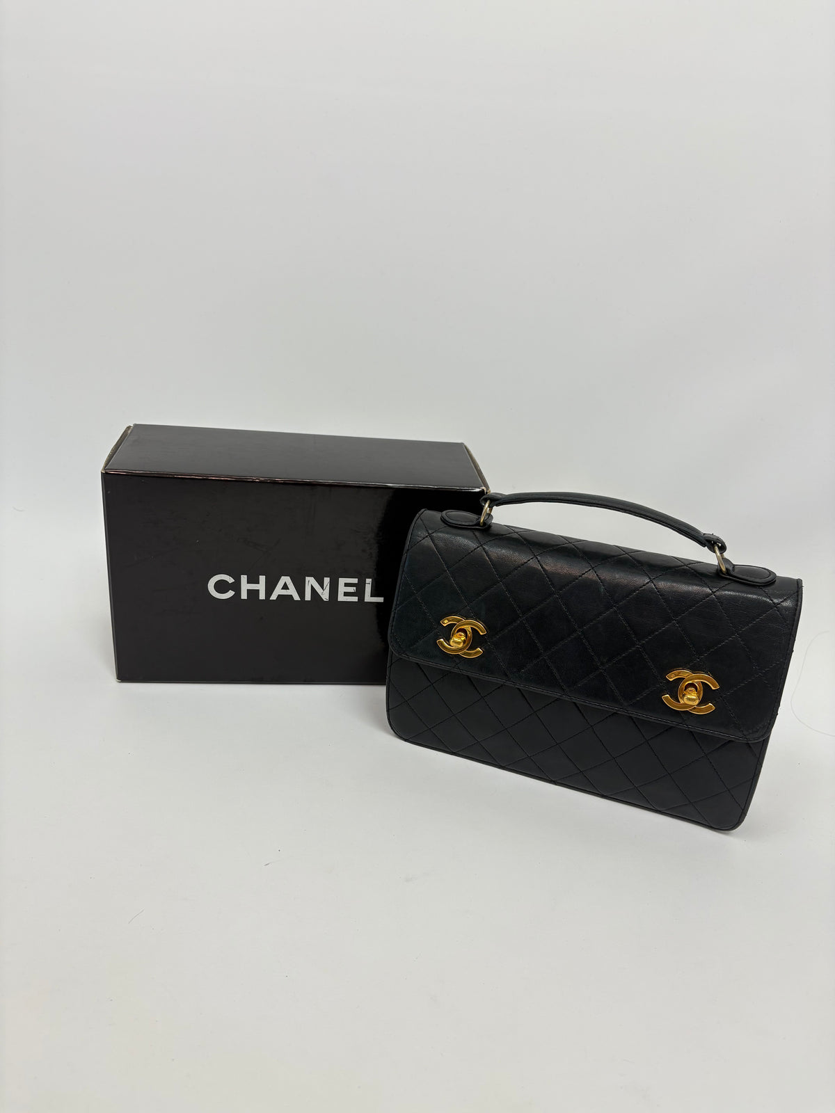 Chanel Vintage Black Quilted Leather Double CC Turn Lock Briefcase Bag