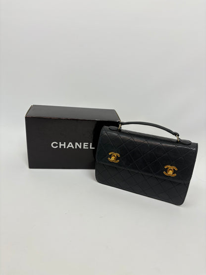 Chanel Vintage Black Quilted Leather Double CC Turn Lock Briefcase Bag