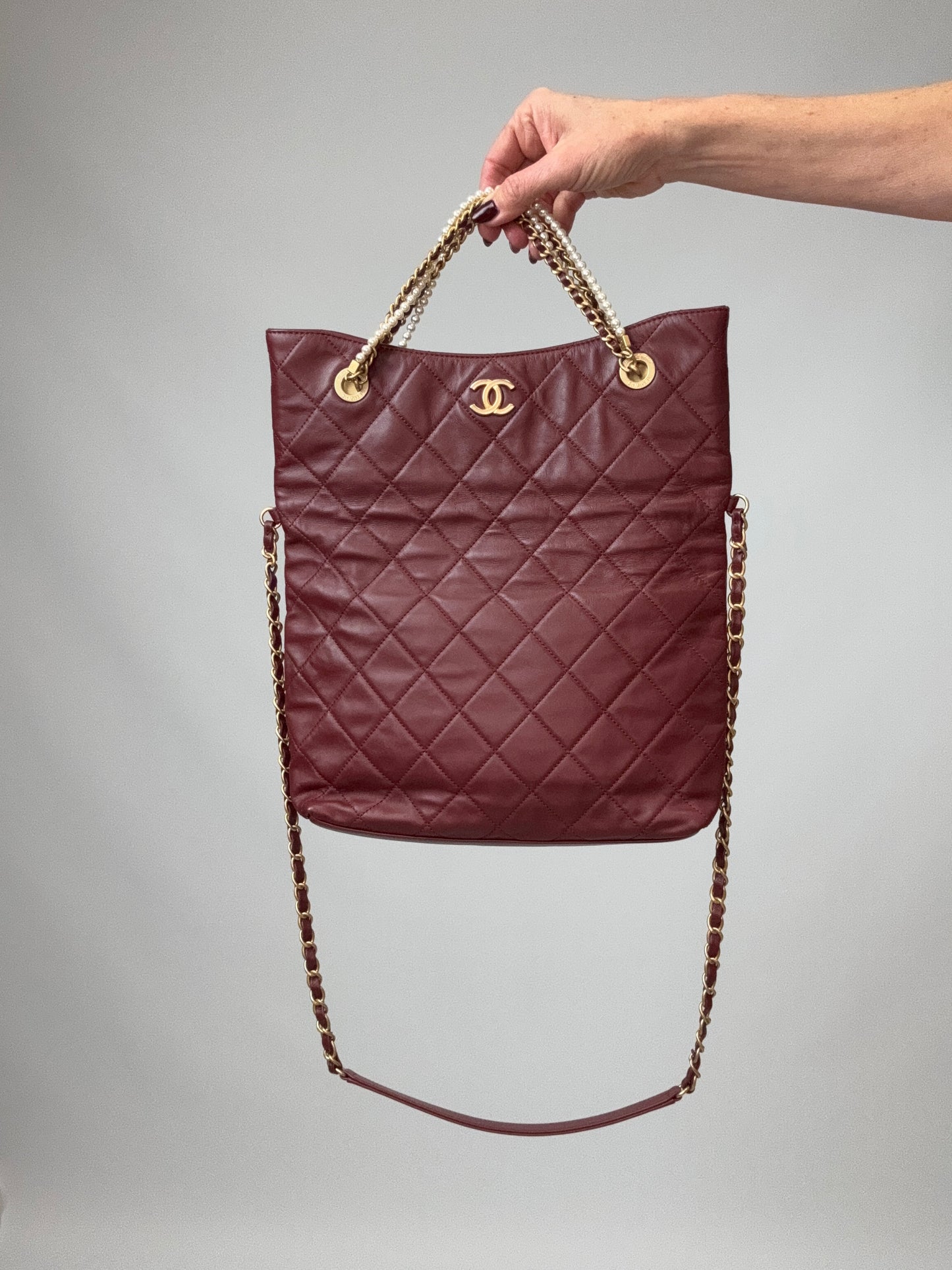 Chanel Fold-Over Shopping Tote Pearl Chain