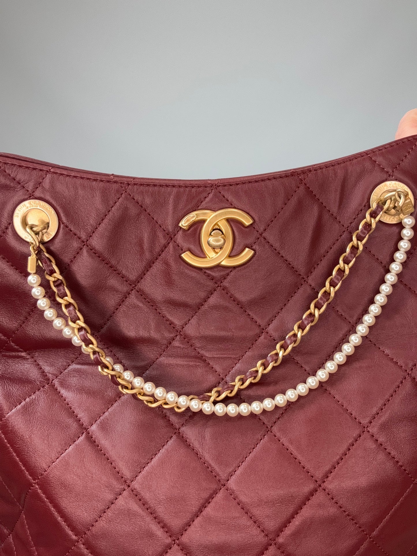 Chanel Fold-Over Shopping Tote Pearl Chain