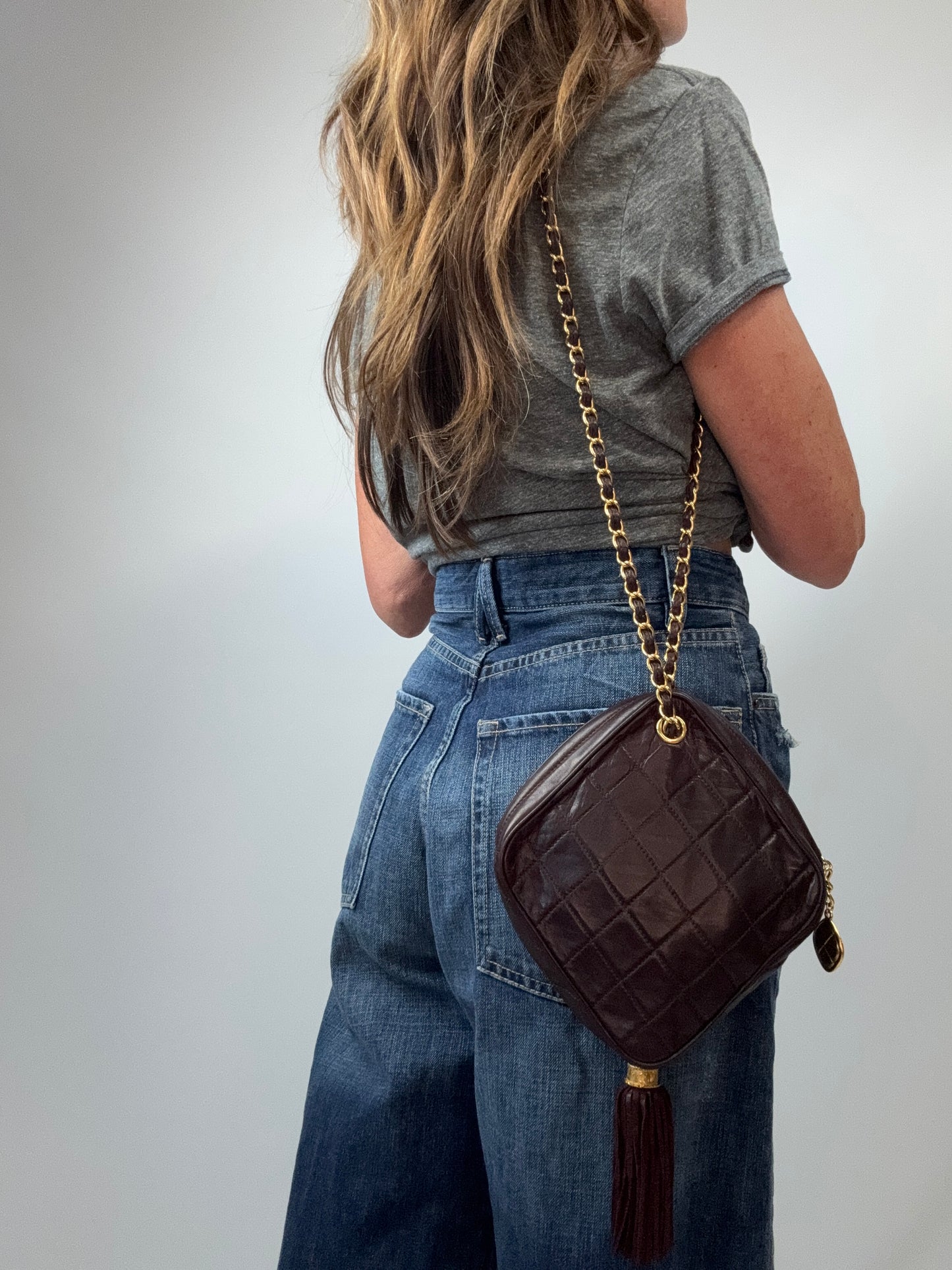 Chanel Vintage Burgundy Diamond Quilted Tassel Camera Bag