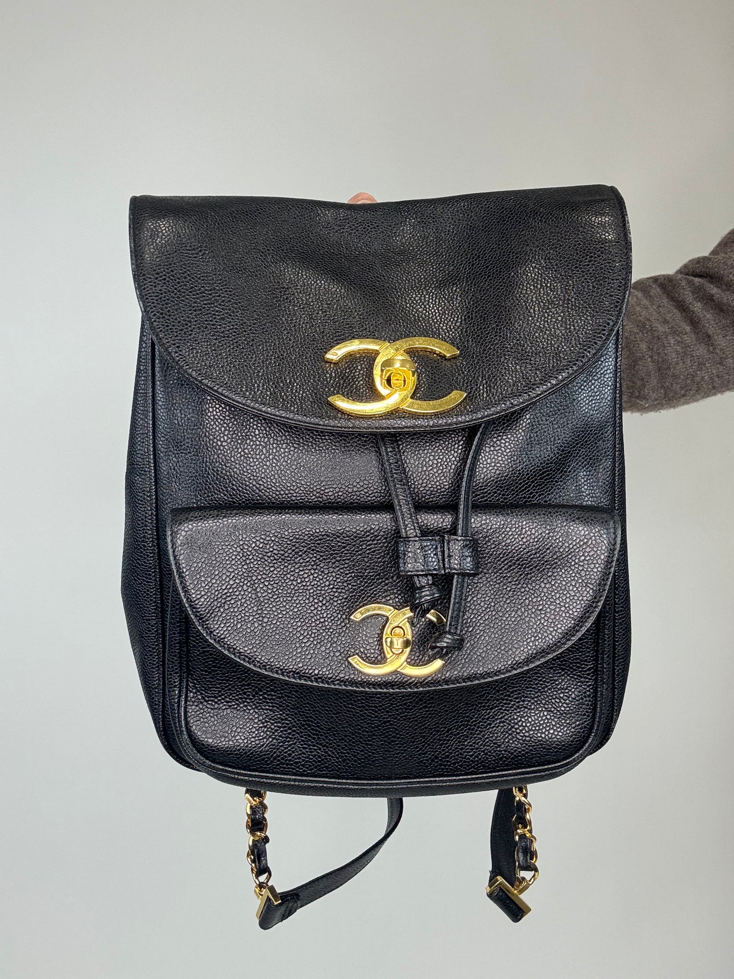 Chanel Vintage Caviar Double Turn Lock Back Pack