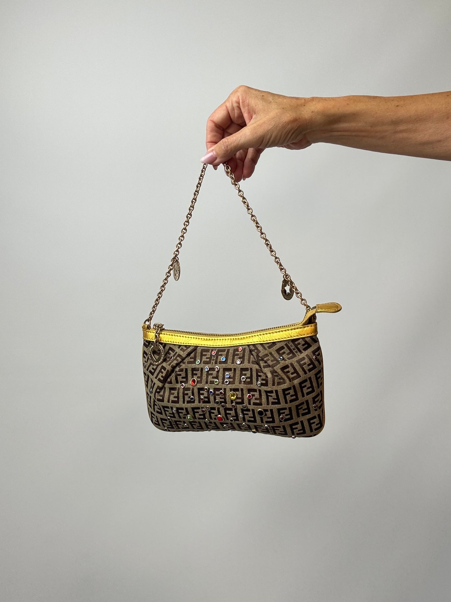 Fendi Zucchino Crystal & Charm Chain Shoulder Bag