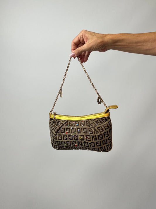 Fendi Zucchino Crystal & Charm Chain Shoulder Bag