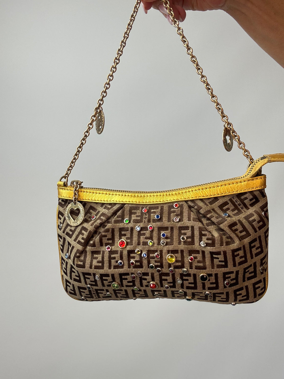 Fendi Zucchino Crystal & Charm Chain Shoulder Bag