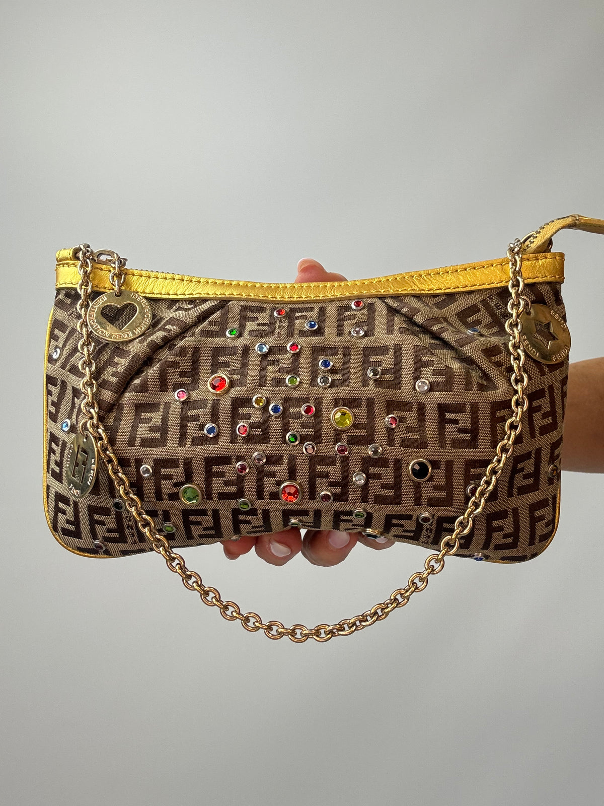 Fendi Zucchino Crystal & Charm Chain Shoulder Bag