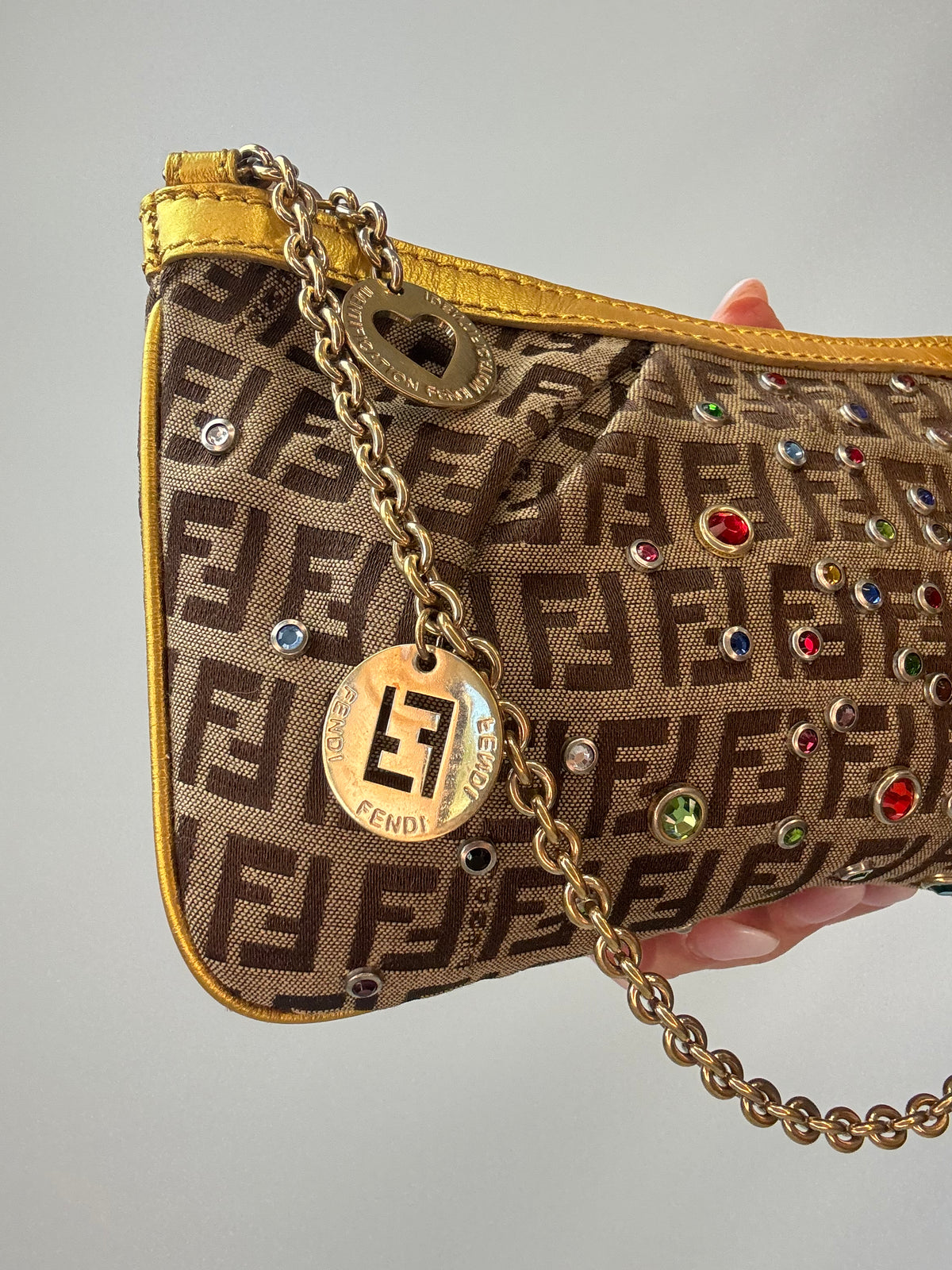 Fendi Zucchino Crystal & Charm Chain Shoulder Bag