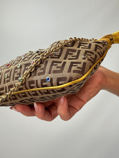 Fendi Zucchino Crystal & Charm Chain Shoulder Bag