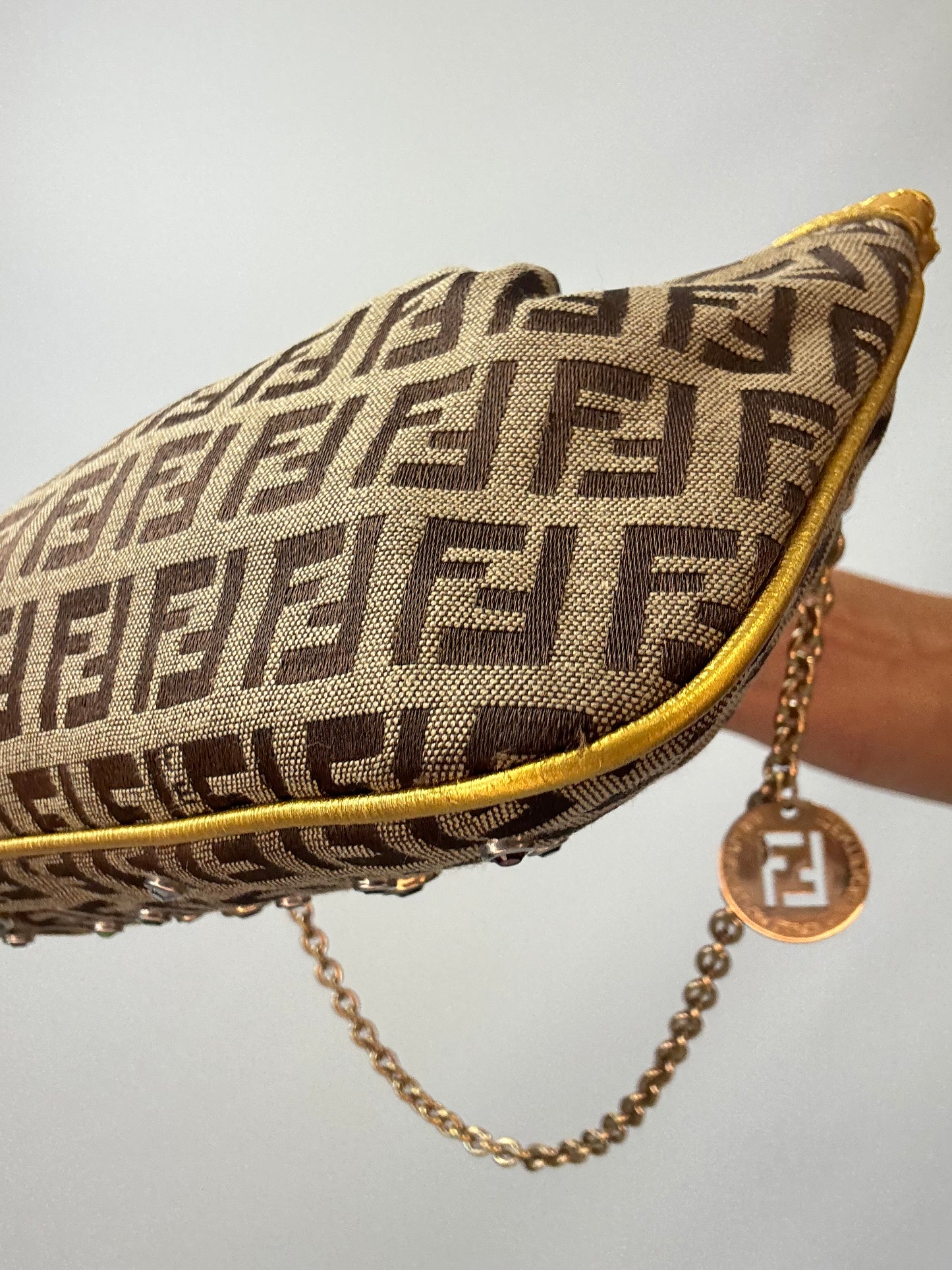 Fendi Zucchino Crystal & Charm Chain Shoulder Bag