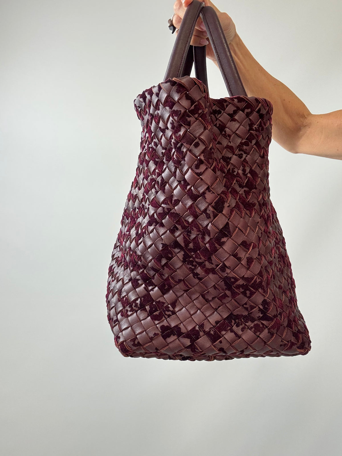 Bottega Veneta Cabat MM Intrecciato Leather & Velvet Tote — Burgundy