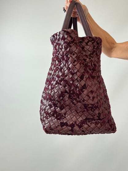 Bottega Veneta Cabat MM Intrecciato Leather & Velvet Tote — Burgundy