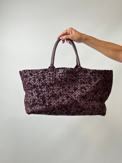 Bottega Veneta Cabat MM Intrecciato Leather & Velvet Tote — Burgundy
