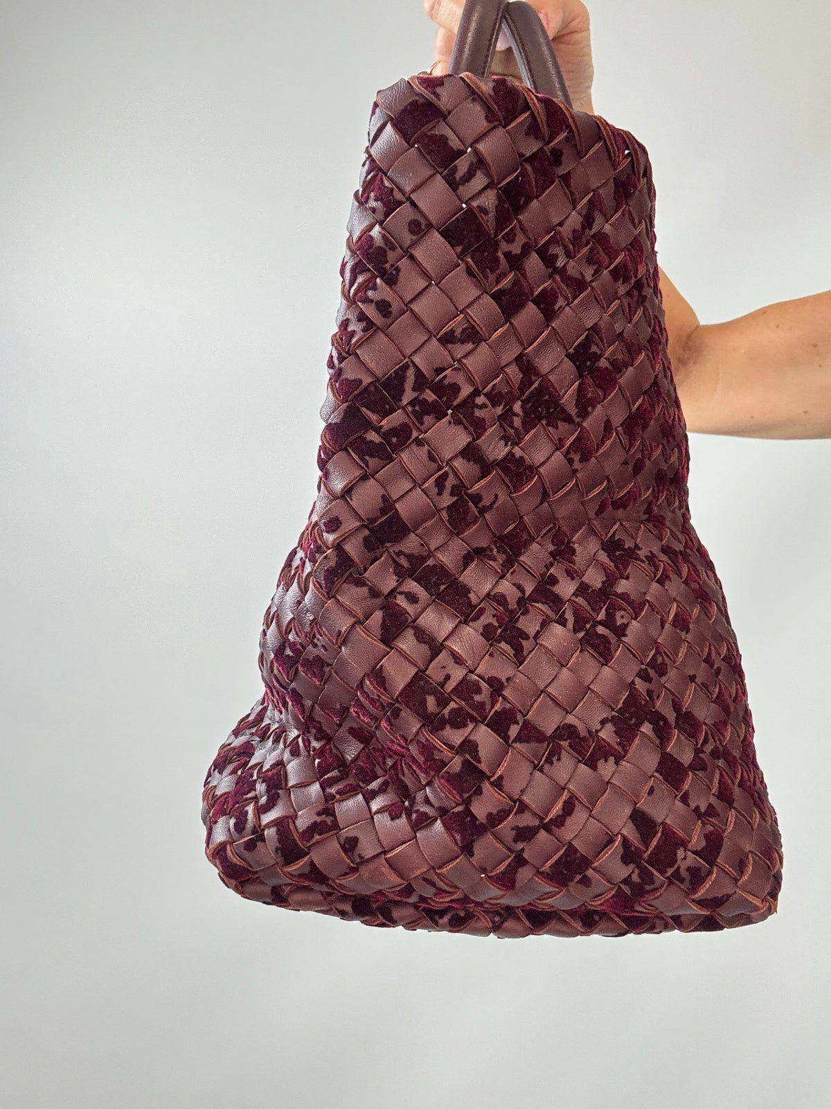 Bottega Veneta Cabat MM Intrecciato Leather & Velvet Tote — Burgundy