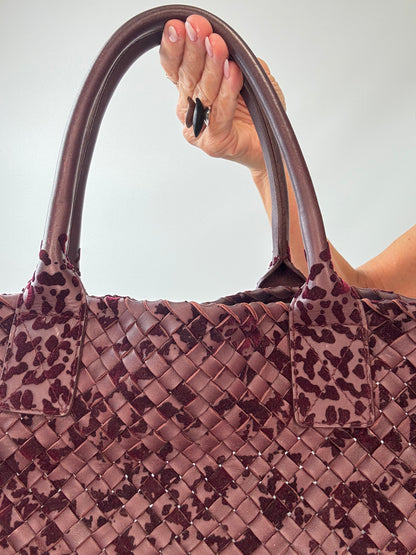 Bottega Veneta Cabat MM Intrecciato Leather & Velvet Tote — Burgundy
