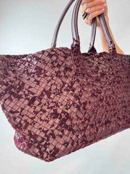 Bottega Veneta Cabat MM Intrecciato Leather & Velvet Tote — Burgundy