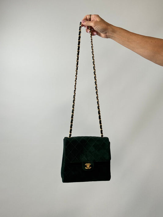 Chanel Vintage Emerald Green Quilted Suede Flap Bag