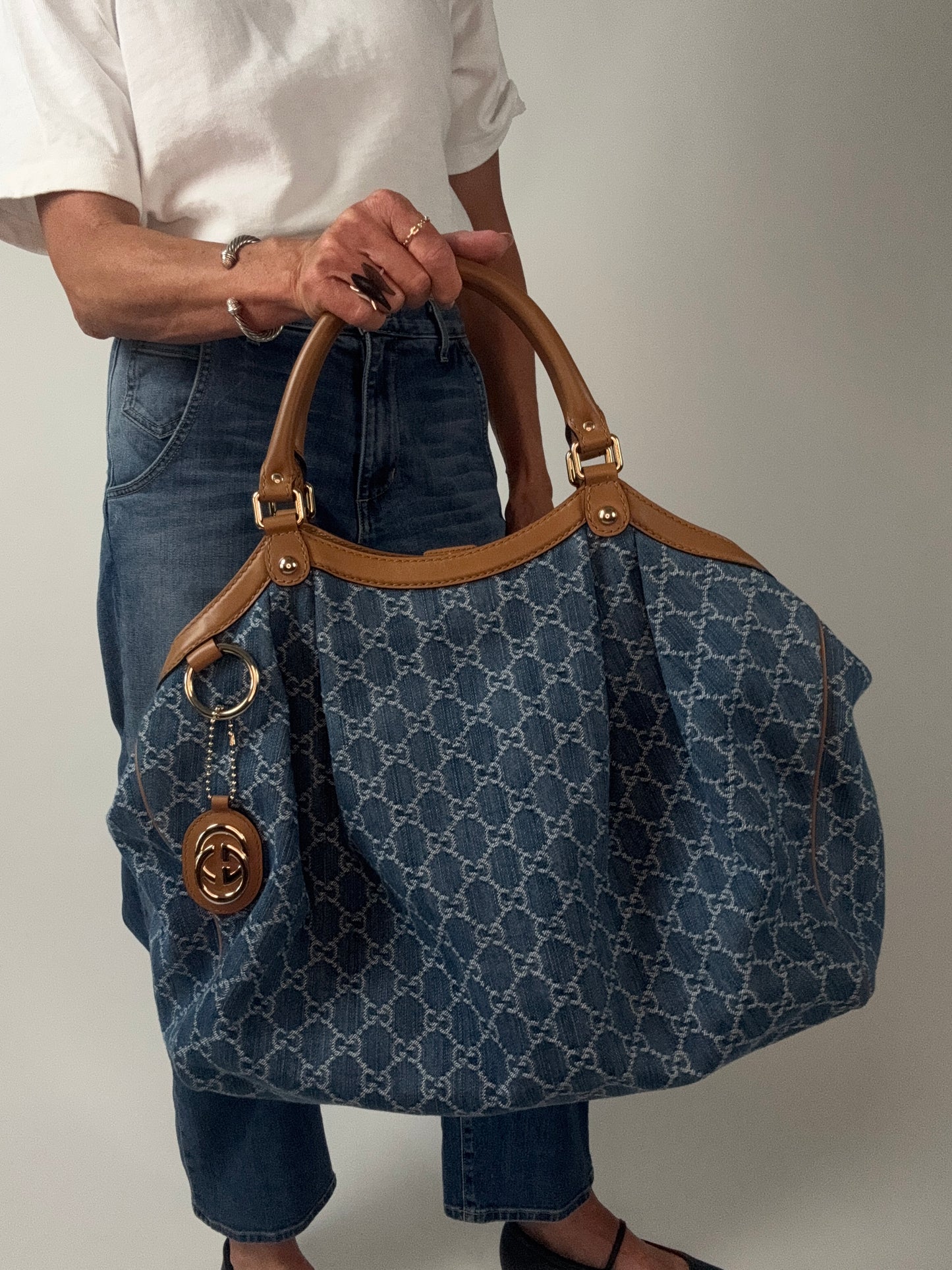 Gucci Denim Monogram Large Sukey Tote
