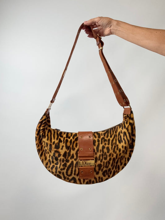 Dior 2004 John Galliano Leopard Calf Hair Street Chic Columbus Shoulder Bag