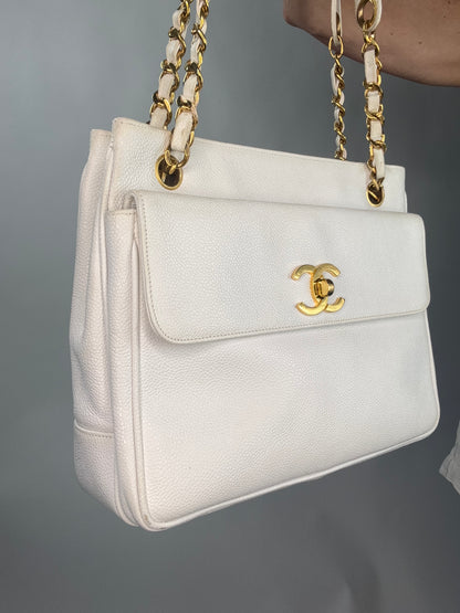 Chanel Rare Caviar Double Sided White Tote