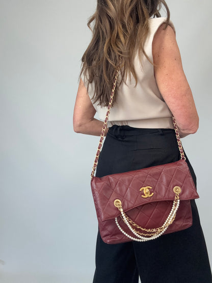 Chanel Fold-Over Shopping Tote Pearl Chain