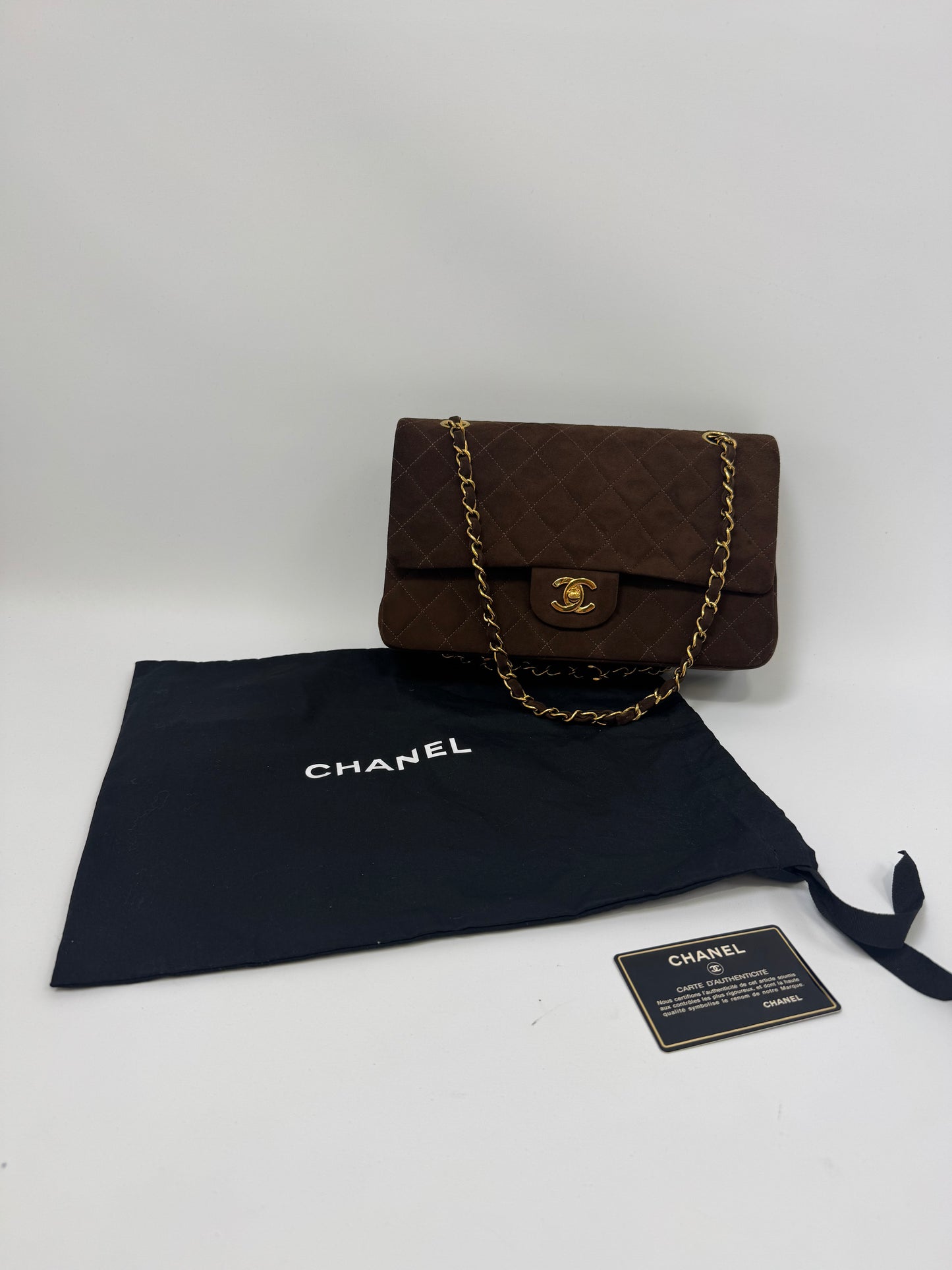 Chanel Brown Quilted Suede Double Flap - Vintage