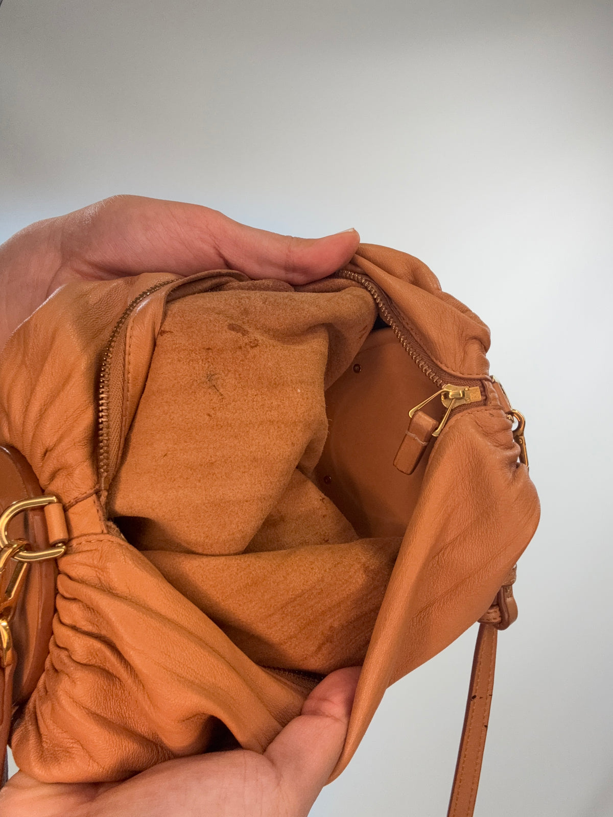 Loewe Women’s Cylinder Leather Bracelet Pouch — Caramel Tan.