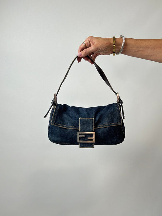 Fendi Vintage Denim Baguette Shoulder Bag — Dark Indigo