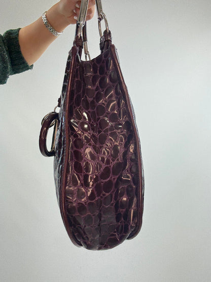Christian Dior 61 Croc-Embossed Patent Leather Tote — Burgundy Plum