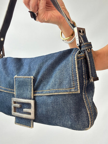 Fendi Vintage Denim Baguette Shoulder Bag — Dark Indigo