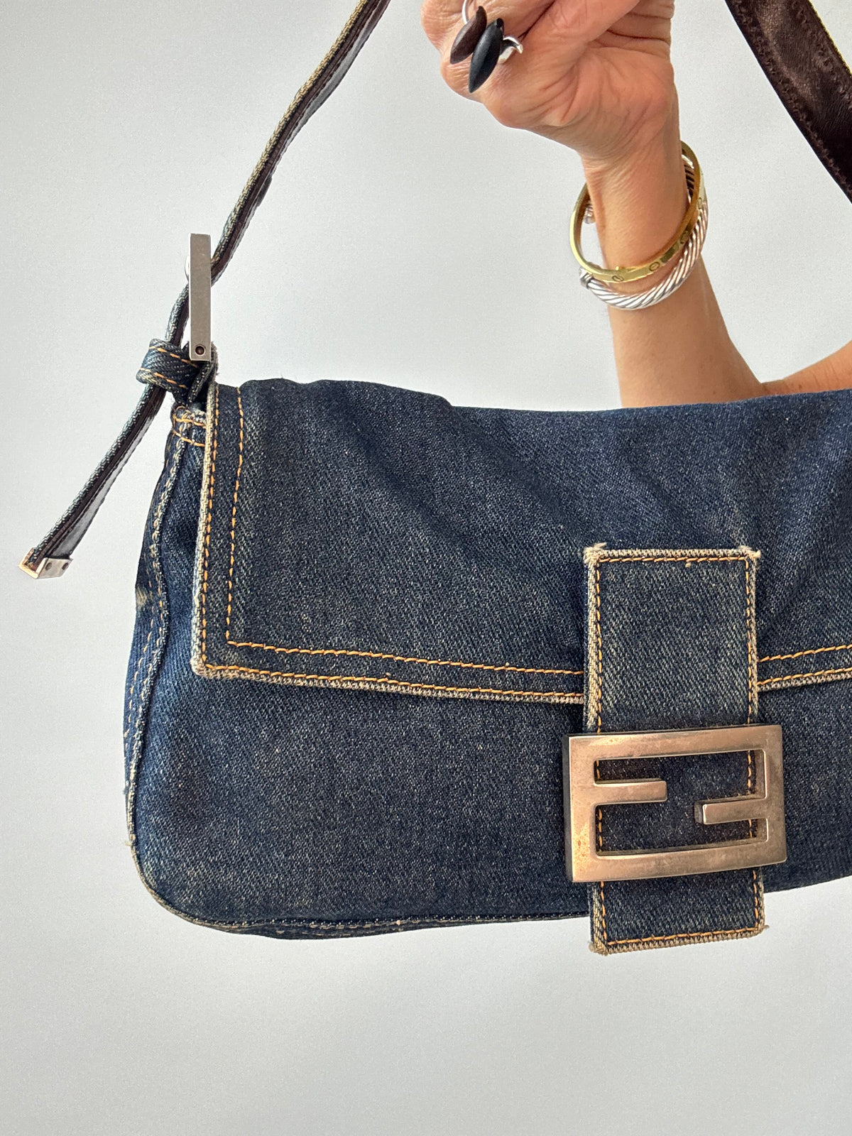 Fendi Vintage Denim Baguette Shoulder Bag — Dark Indigo
