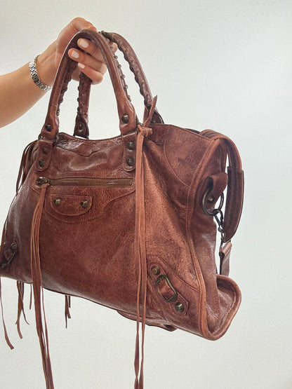 Balenciaga Classic City Leather Bag — Reddish Brown.