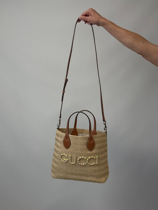 Gucci Logo Raffia Tote
