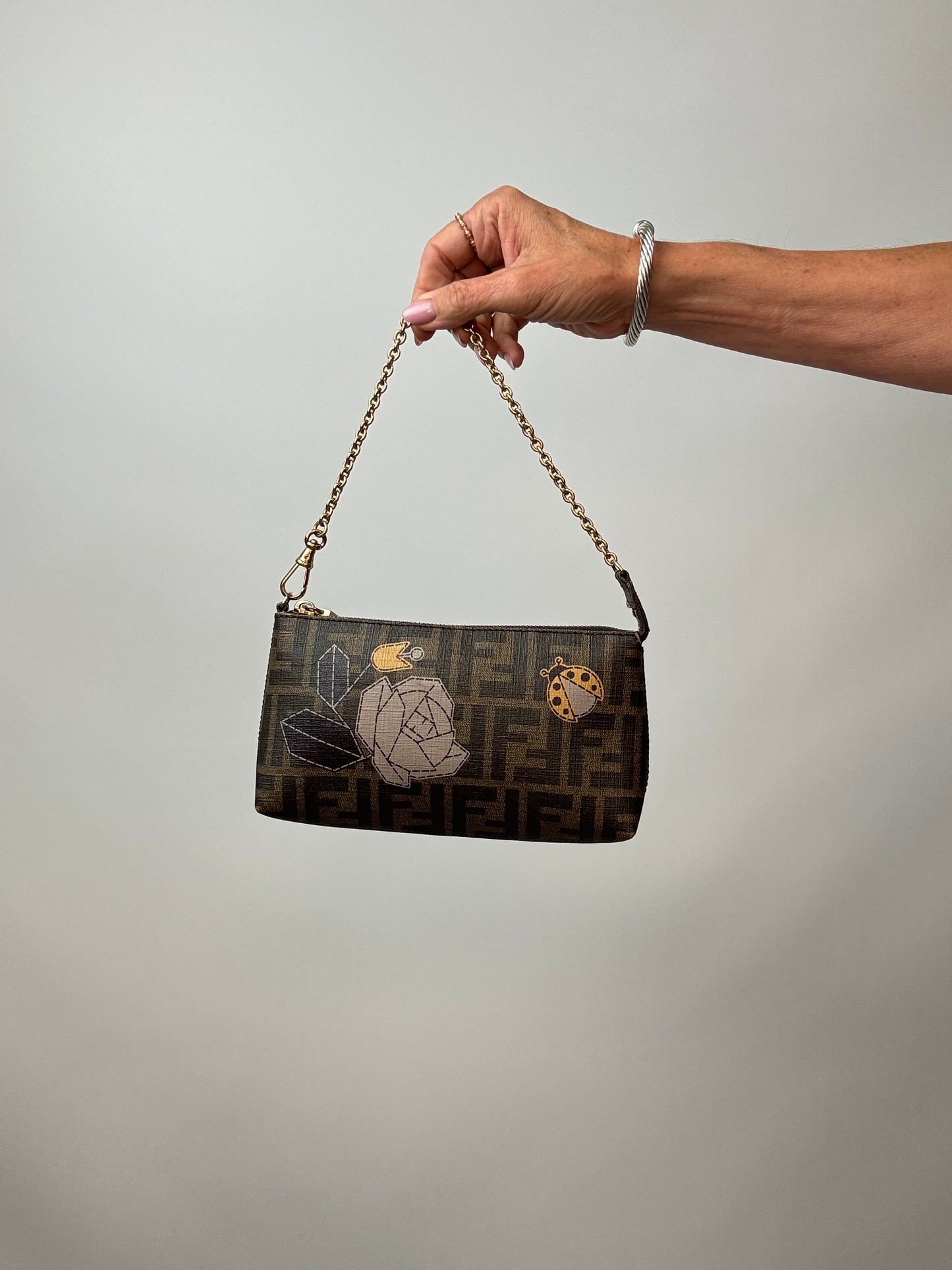 Fendi Zucca Rare  Spalmati Rose Ladybug Pochette Tabacco