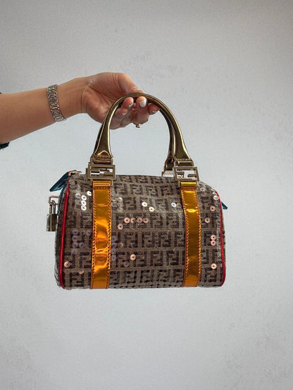 Fendi Zucchino Sequin Forever Boston Bag — Brown and Metallic Multicolor.