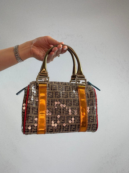 Fendi Zucchino Sequin Forever Boston Bag — Brown and Metallic Multicolor.