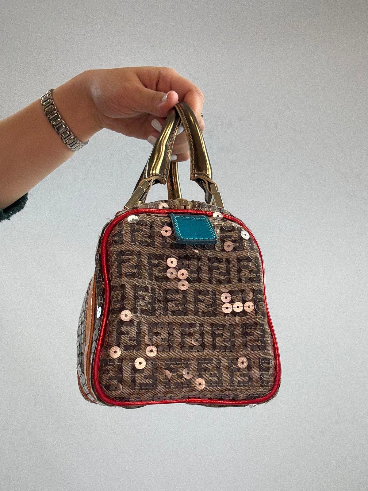 Fendi Zucchino Sequin Forever Boston Bag — Brown and Metallic Multicolor.