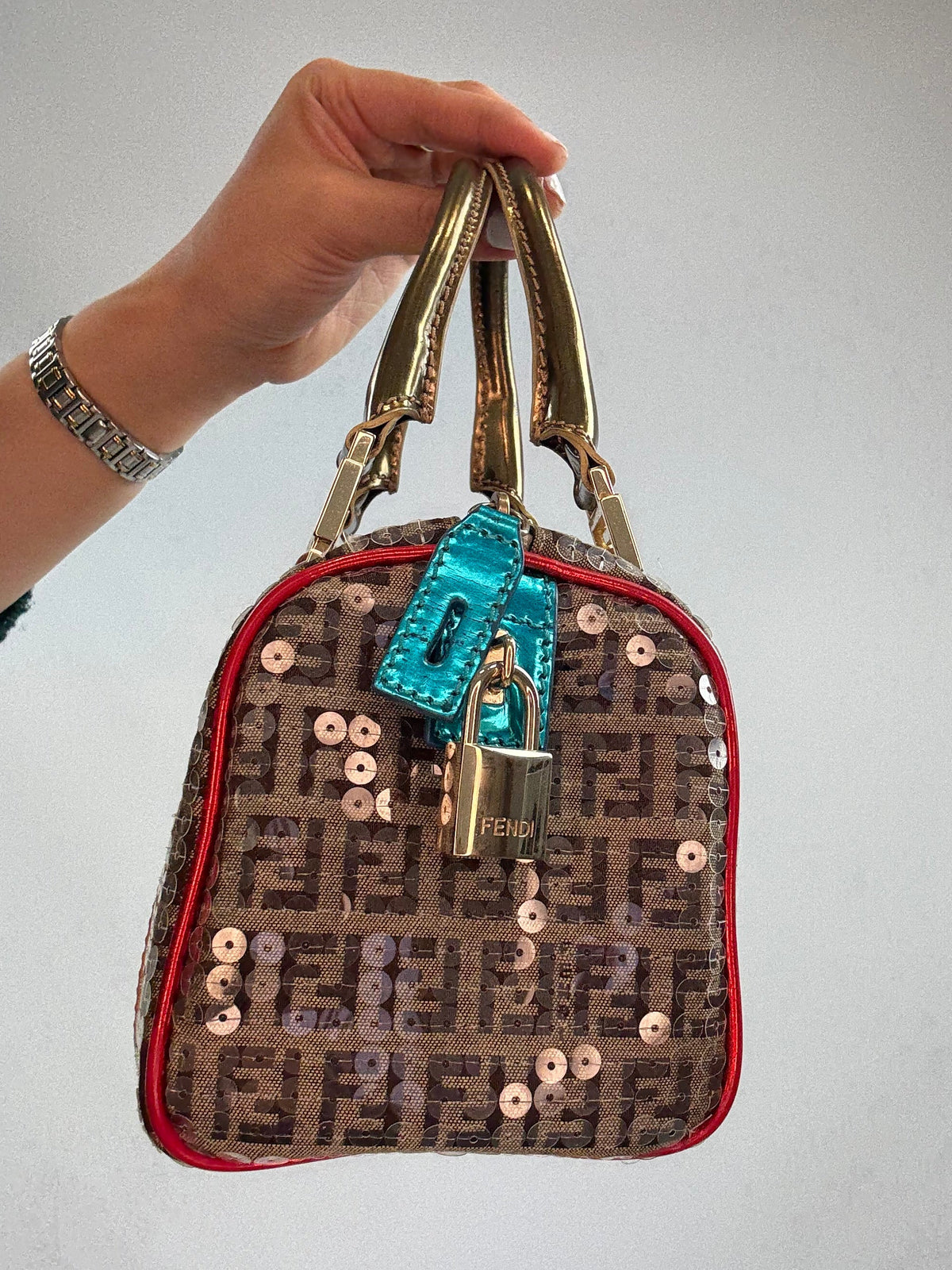 Fendi Zucchino Sequin Forever Boston Bag — Brown and Metallic Multicolor.