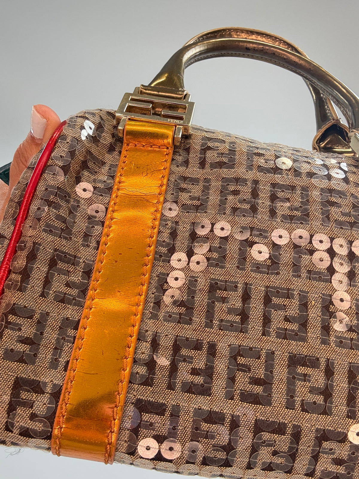 Fendi Zucchino Sequin Forever Boston Bag — Brown and Metallic Multicolor.