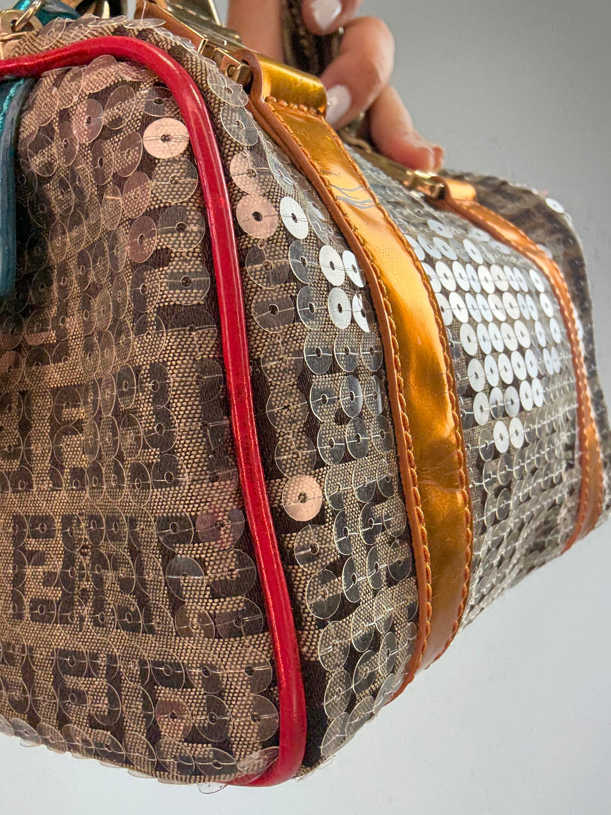 Fendi Zucchino Sequin Forever Boston Bag — Brown and Metallic Multicolor.