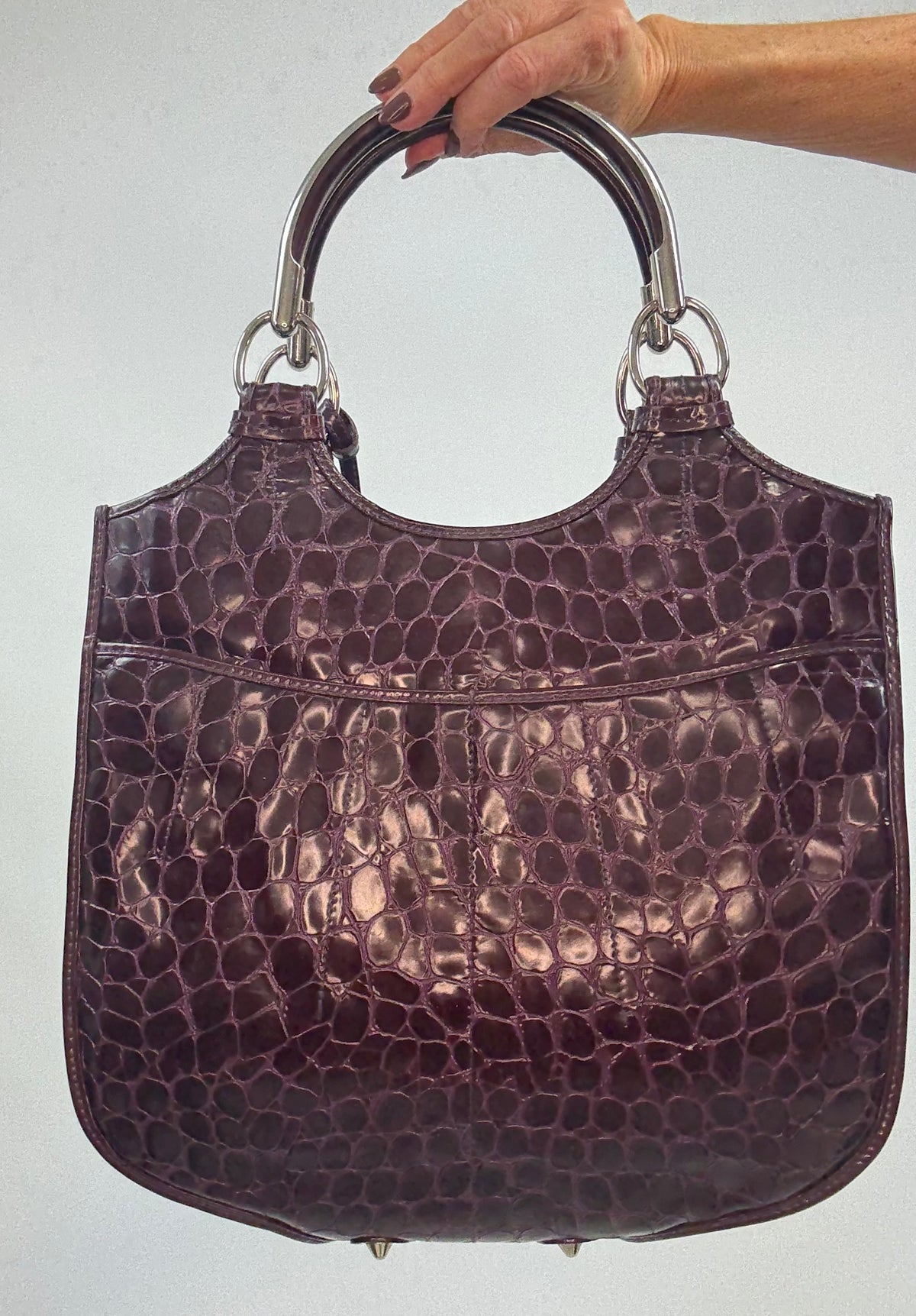 Christian Dior 61 Croc-Embossed Patent Leather Tote — Burgundy Plum