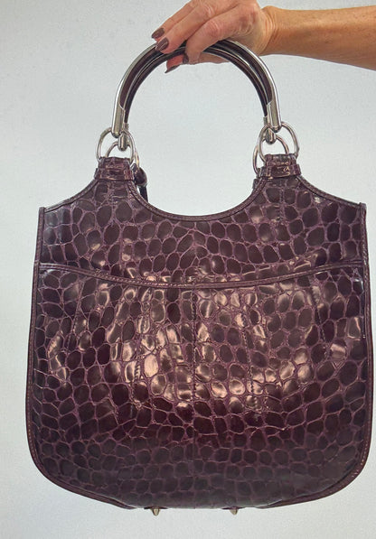 Christian Dior 61 Croc-Embossed Patent Leather Tote — Burgundy Plum