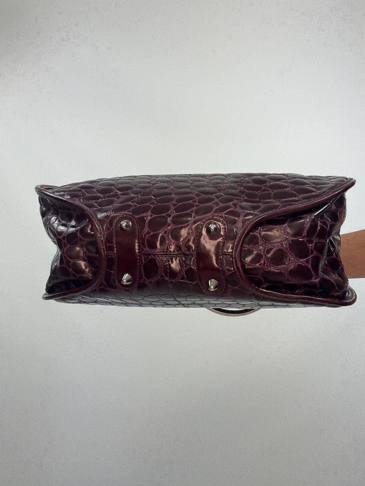 Christian Dior 61 Croc-Embossed Patent Leather Tote — Burgundy Plum