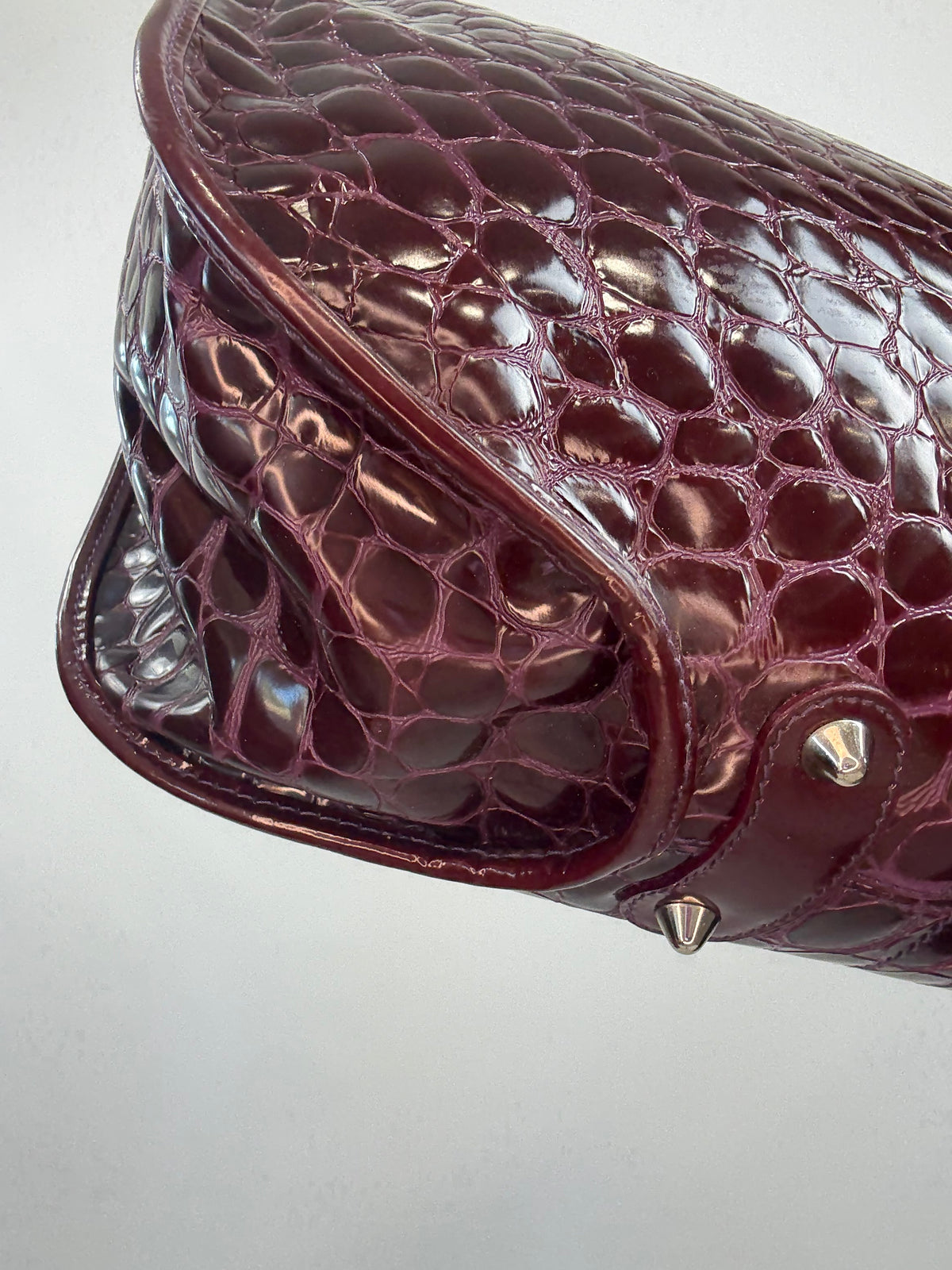 Christian Dior 61 Croc-Embossed Patent Leather Tote — Burgundy Plum
