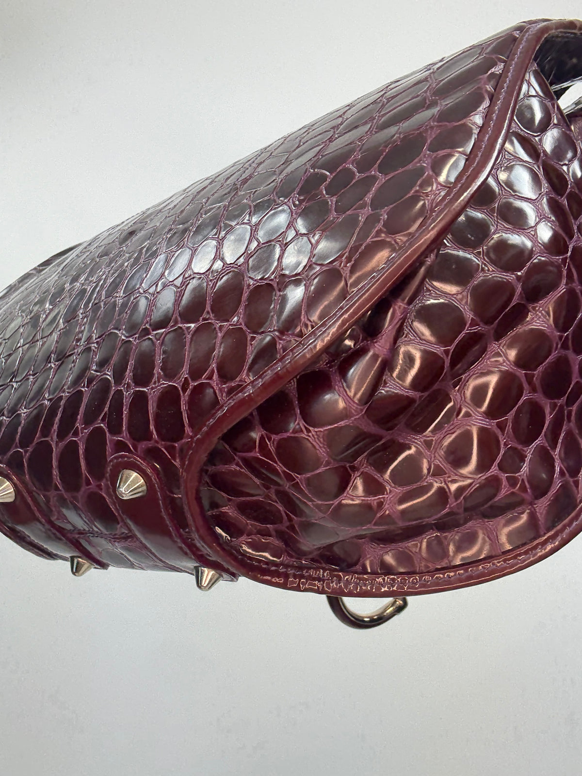Christian Dior 61 Croc-Embossed Patent Leather Tote — Burgundy Plum